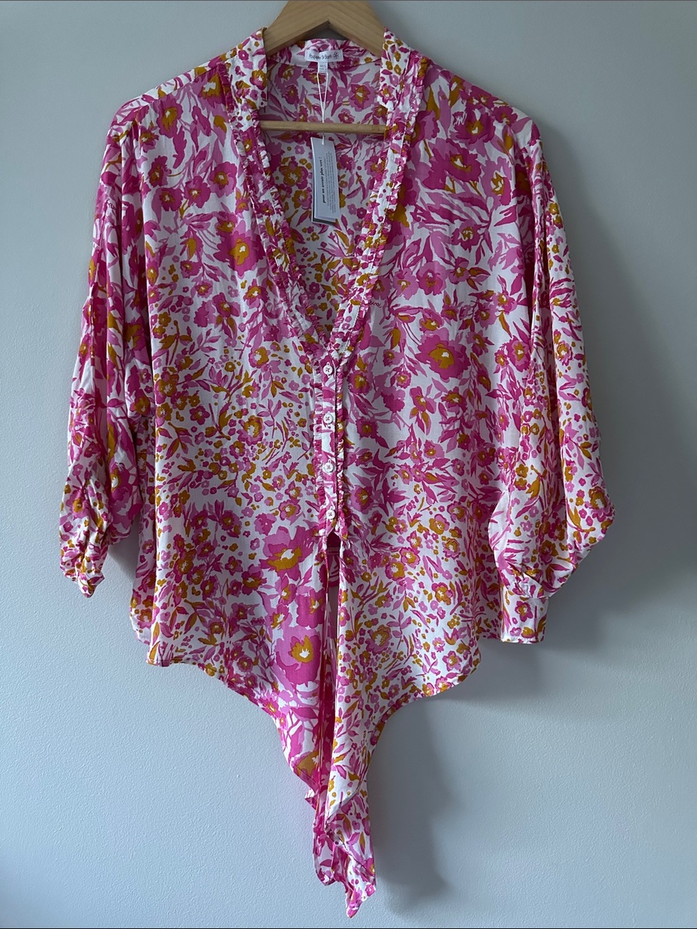 Poupette St Barth Pink and Yellow Floral V-Neck Button Blouse - Size M/L NWT - Picture 3 of 9